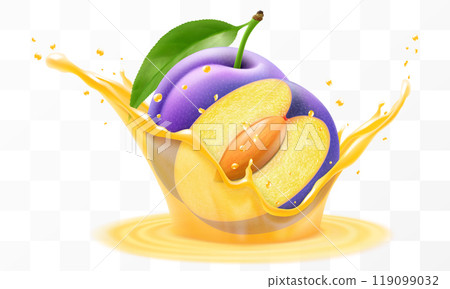 Plum juice. Fresh ripe plum falls into a splash of juice, isolated on transparent background. Realistic 3d vector illustration. Summer vitamin food and drink. Plum smoothie splash, vitamin cocktail Plum juice. Fresh ripe plum falls into a splash of juice, isolated on transparent background. Realistic 3d vector illustration. Summer vitamin food and drink. Plum smoothie splash, vitamin cocktail 119099032