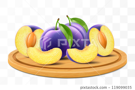 Ripe purple juicy plum fruits on a wooden tray. Whole plum and pieces of tasty plum on cutting board isolated on transparent background. Realistic 3d vector illustration 119099035