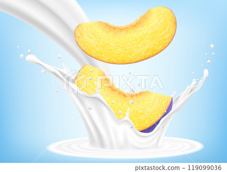 Juicy plum slices falls into a splash of yogurt or milk, cocktail splash with drops, Milkshake splash with sweet juicy fruit. Realistic 3d vector illustration 119099036