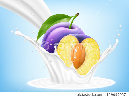 Fresh ripe purple plum falls into a splash of yogurt or milk, cocktail splash with drops, Milkshake splash with sweet juicy fruit. Realistic 3d vector illustration Fresh ripe purple plum falls into a splash of yogurt or milk, cocktail splash with drops, Milkshake splash with sweet juicy fruit. Realistic 3d vector illustration 119099037