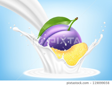 Fresh ripe purple plum falls into a splash of yogurt or milk, cocktail splash with drops, Milkshake splash with sweet juicy fruit. Realistic 3d vector illustration 119099038