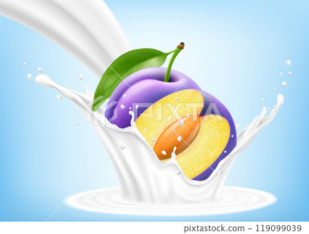 Fresh ripe purple plum falls into a splash of yogurt or milk, cocktail splash with drops, Milkshake splash with sweet juicy fruit. Realistic 3d vector illustration Fresh ripe purple plum falls into a splash of yogurt or milk, cocktail splash with drops, Milkshake splash with sweet juicy fruit. Realistic 3d vector illustration 119099039