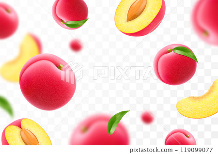 Flying ripe plum. Bright advertising background falling juicy sweet plums, realistic illustration with blurred effect. 3d vector design for advertising banners and web page design 119099077