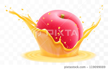 Plum juice. Fresh ripe plum falls into a splash of juice, isolated on transparent background. Realistic 3d vector illustration. Summer vitamin food and drink. Plum smoothie splash, vitamin cocktail Plum juice. Fresh ripe plum falls into a splash of juice, isolated on transparent background. Realistic 3d vector illustration. Summer vitamin food and drink. Plum smoothie splash, vitamin cocktail 119099089
