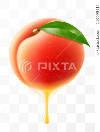 Peach juice Dripping From Fresh ripe peach, isolated on transparent background. Sweet peach with fresh juice. Bright summer design. Realistic 3d vector illustration 119099113