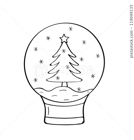 Christmas tree in a decorated snow glass ball. Vector illustration Christmas glass sphere doodle icon. Isolated on white. 119099135