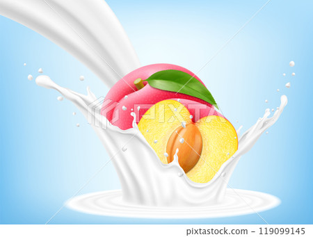 Fresh ripe plum falls into a splash of yogurt or milk, cocktail splash with drops, Milkshake splash with sweet juicy fruit. Realistic 3d vector illustration Fresh ripe plum falls into a splash of yogurt or milk, cocktail splash with drops, Milkshake splash with sweet juicy fruit. Realistic 3d vector illustration 119099145
