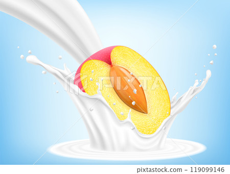 Fresh ripe plum falls into a splash of yogurt or milk, cocktail splash with drops, Milkshake splash with sweet juicy fruit. Realistic 3d vector illustration Fresh ripe plum falls into a splash of yogurt or milk, cocktail splash with drops, Milkshake splash with sweet juicy fruit. Realistic 3d vector illustration 119099146