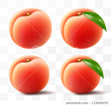 Ripe juicy peach isolated on transparent background. Delicious sweet fruit. Realistic 3d vector illustration. Summer design. Concept of healthy food, vegetarian dieting 119099205