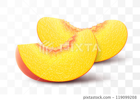 Ripe juicy slices of peach isolated on transparent background. Delicious sweet fruit. Realistic 3d vector illustration. Summer design. Concept of healthy food, vegetarian dieting Ripe juicy slices of peach isolated on transparent background. Delicious sweet fruit. Realistic 3d vector illustration. Summer design. Concept of healthy food, vegetarian dieting 119099208