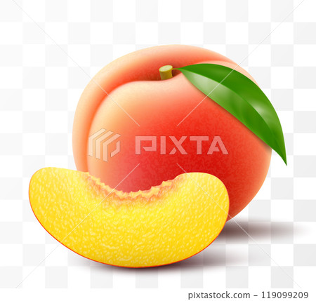 Ripe juicy peach isolated on transparent background. Whole and slices of peach. Delicious sweet fruit. Realistic 3d vector illustration. Summer design. Concept of healthy food, vegetarian dieting 119099209