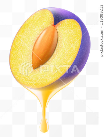 Plum juice Dripping From half of a juicy plum with a stone , isolated on transparent background. Sweet purple plum with fresh juice. Bright summer design. Realistic 3d vector illustration Plum juice Dripping From half of a juicy plum with a stone , isolated on transparent background. Sweet purple plum with fresh juice. Bright summer design. Realistic 3d vector illustration 119099212