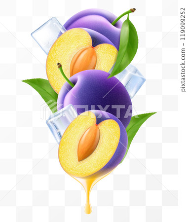 Ripe juicy plum and ice cubes with leaves in swirl motion. Composition of whole purple plum, half and slices of plum fruits, 3D realistic vector illustration isolated on transparent background. 119099252