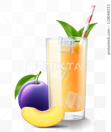 A glass of fresh plum juice or smoothie with ice cubes and straw. Cup of cocktail or yogurt with ripe purple plum fruits, isolated on transparent background. Realistic 3d vector A glass of fresh plum juice or smoothie with ice cubes and straw. Cup of cocktail or yogurt with ripe purple plum fruits, isolated on transparent background. Realistic 3d vector 119099253