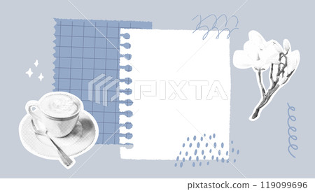 Blue paper collage, blank copybook page decorated with cutout halftone coffee cup, branch of flowers. Journal abstract doodle paper, checkered pattern note background 119099696