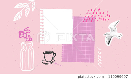 Pink journal paper collage, blank copybook page decorated with cutout halftone bird, vase with flowers. Vision board abstract doodle paper, checkered pattern note background 119099697