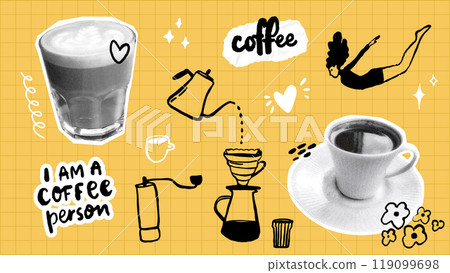 Coffee collage board, halftone black white cups, hand drawn doodles. Trendy banner for coffeshops, cafe, social media design set on yellow background 119099698