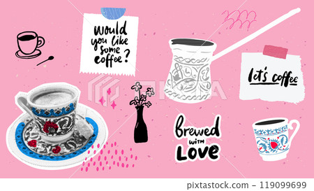 Turkish coffee collage art set, halftone photo of traditional cup, cezve and vector illustration of mug. Brewed with love, would you like some coffee handwritten text on notes 119099699