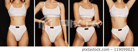 Minimal collage. Cropped photos of woman in lingerie against dark backdrop, capturing t elegance and sensuality. 119099825