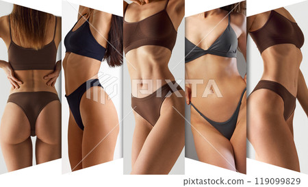 Collage. Toned female bodies in natural postures. Earthy tones of their underwear combined with artistic angles highlight body diversity and confidence. 119099829