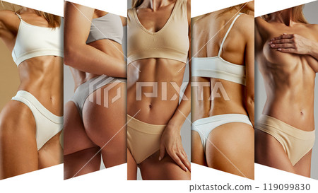 Collage. Close-up shots of toned female bodies in neutral-toned underwear, emphasizing fitness, skin texture, and beauty of natural human form. 119099830