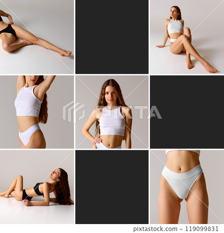 Collage. Young model in black and white lingerie poses with elegance, combining natural beauty and touch of casual chic. Collage. Young model in black and white lingerie poses with elegance, combining natural beauty and touch of casual chic. 119099831