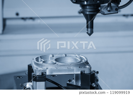 The CNC milling machine chamfer cutting aluminum part by chamfer tool in the light blue scene. 119099919