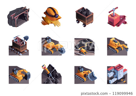 Minery mine web concept of 3d isometric icons set in isometry design. Coal industry equipment, tunnel, helmet, railway cart, shovel, pickaxe, excavator, mining machinery, other. Vector illustration. 119099946