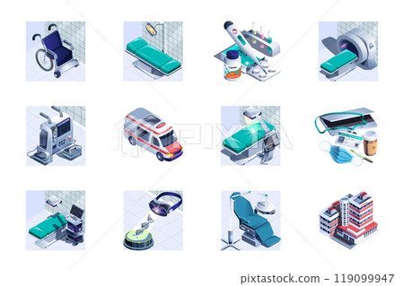 Hospital web concept of 3d isometric icons set in isometry design. Wheelchair, patient ward, pills, thermometer, medicines, mri scan, ambulance car, surgery, clinic rooms, other. Vector illustration. 119099947