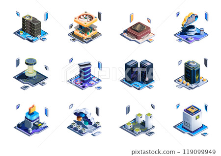 Data server web concept of 3d isometric icons set in isometry design. Hardware racks, cloud service, datum downloading, hosting, encryption protection, processor, software, other. Vector illustration. 119099949