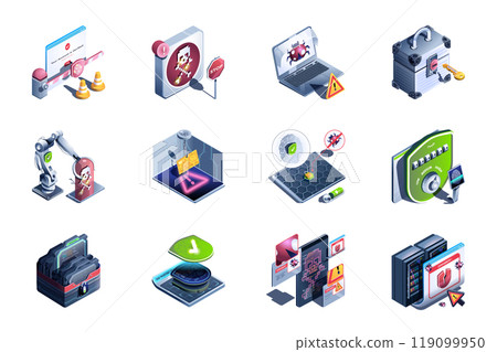 Cyber security web concept of 3d isometric icons set in isometry design. Firewall shield, stop bugs and viruses, access with key, warning danger, computer technology, other. Vector illustration. 119099950