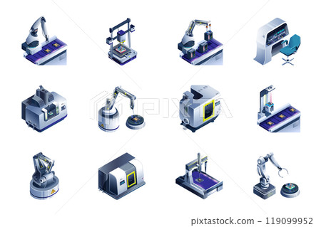 Automation of production web concept of 3d isometric icons set in isometry design. Robotic arms for conveyor, automatic manufacturing line, microchip processing, printing, other. Vector illustration. 119099952