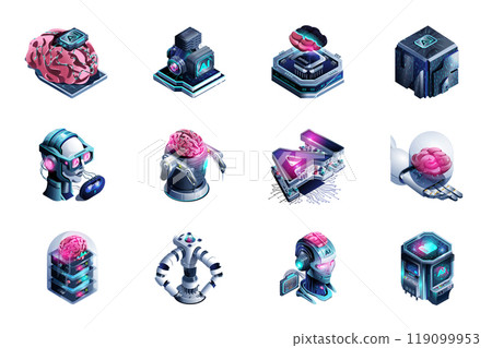 Artificial intelligence web concept of 3d isometric icons set in isometry design. Machine learning, smart robots, engineering cyborg mind, microchips with neural system, other. Vector illustration. 119099953