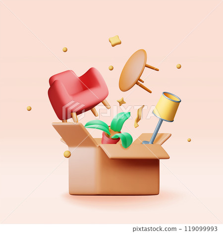 3D open cardboard box with home goods isolated 119099993