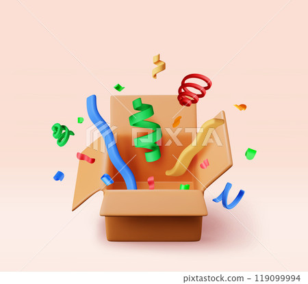 3d opened cardboard box with color confetti 119099994