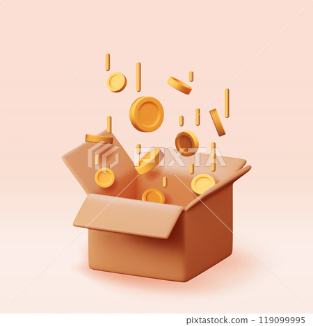 3D cardboard box with gold coins inside isolated 119099995