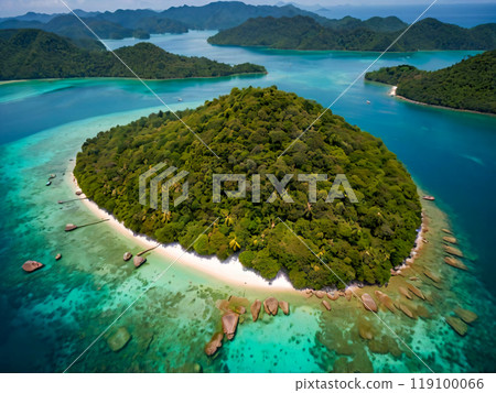 aerial view of tropical island with palm trees aerial view of tropical island with palm trees 119100066