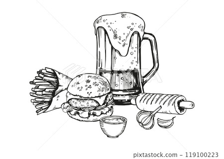 vector illustration of beer snacks, hand drawn composition with glass with beer and foam, hamburger, French fries, hot dog sausage, garlic, sauce, inked sketch for beer restaurant, pub, monochrome 119100223