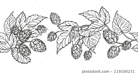 vector board of hop plant with leaves and buds, hand drawn craft beer ingredients, black and white illustration of branch humulus lupulus, inked illustration isolated on white background 119100231