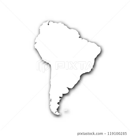 Silhouette map of South America continent. White vector map with dropped shadow on light gray background. 119100285