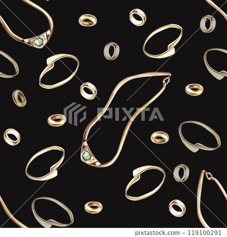 Seamless pattern of necklaces, bracelets and rings on a black background. Watercolor illustration for gift wrapping design, fabric printing, window dressing and headbands Seamless pattern of necklaces, bracelets and rings on a black background. Watercolor illustration for gift wrapping design, fabric printing, window dressing and headbands 119100291