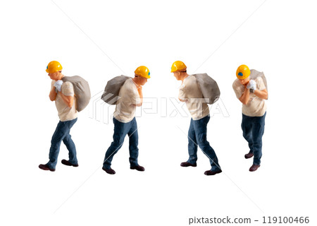 Miniature construction worker  carrying a heavy sack on his back isolate on white background with clipping path 119100466