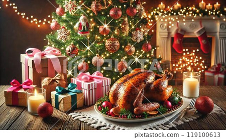 A beautiful Christmas dinner with a family full of smiles 119100613