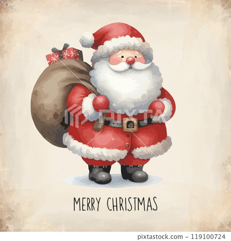 Watercolor Santa Claus with gifts in backpack. Watercolor Santa Claus with gifts in backpack. 119100724