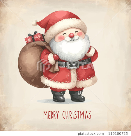 Watercolor Santa Claus with gifts in backpack. 119100725