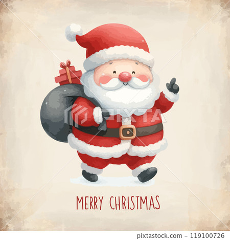 Watercolor Santa Claus with gifts in backpack. 119100726