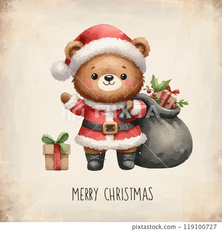 Watercolor Bear Santa Claus with gifts in backpack. 119100727