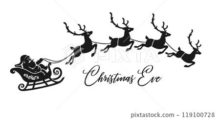 Christmas silhouette of Santa Claus in a sleigh pulled by deer. Template for laser cutting, New Year banners, posters, flyers. Christmas silhouette of Santa Claus in a sleigh pulled by deer. Template for laser cutting, New Year banners, posters, flyers. 119100728