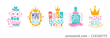 Mini Boss Logo Design with Colorful Hand Drawn Element Vector Set 119100775