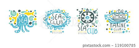 Sea and Marine Club Hand Drawn Logo and Label Original Design Vector Set 119100785